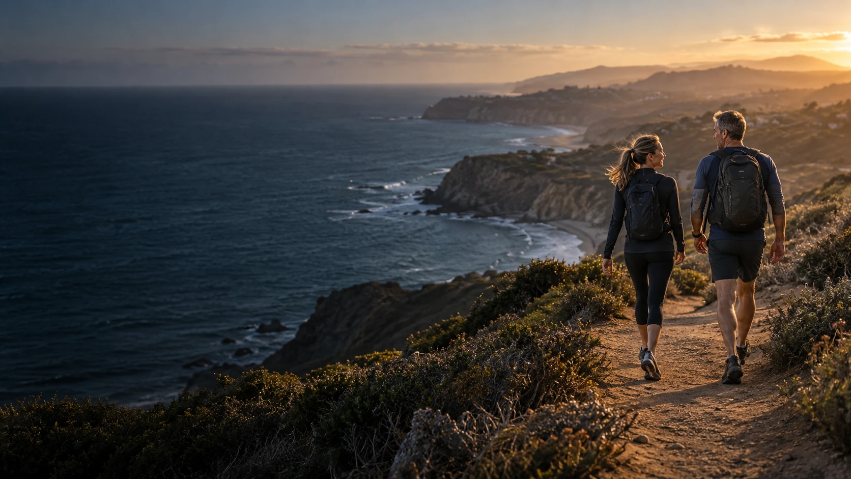 Two adults hiking a coastal trail above the Pacific Ocean at sunset