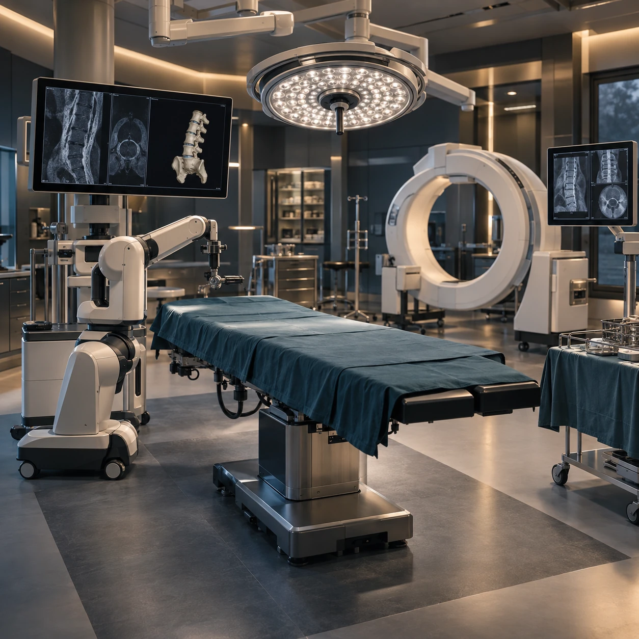 Concept illustration of a technologically advanced spine operating room with robotic guidance and imaging equipment