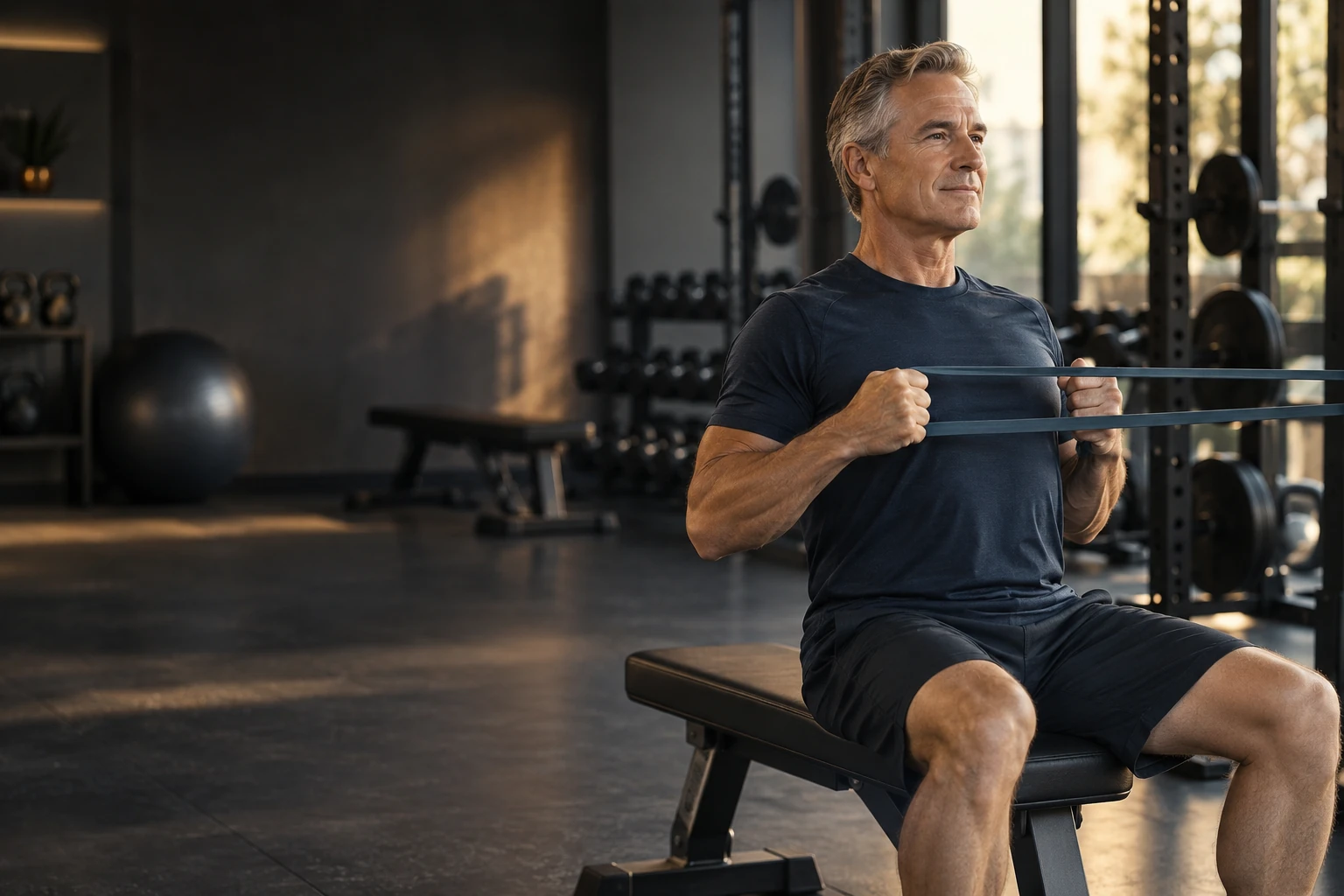 Illustration of a man using a resistance band in a gym