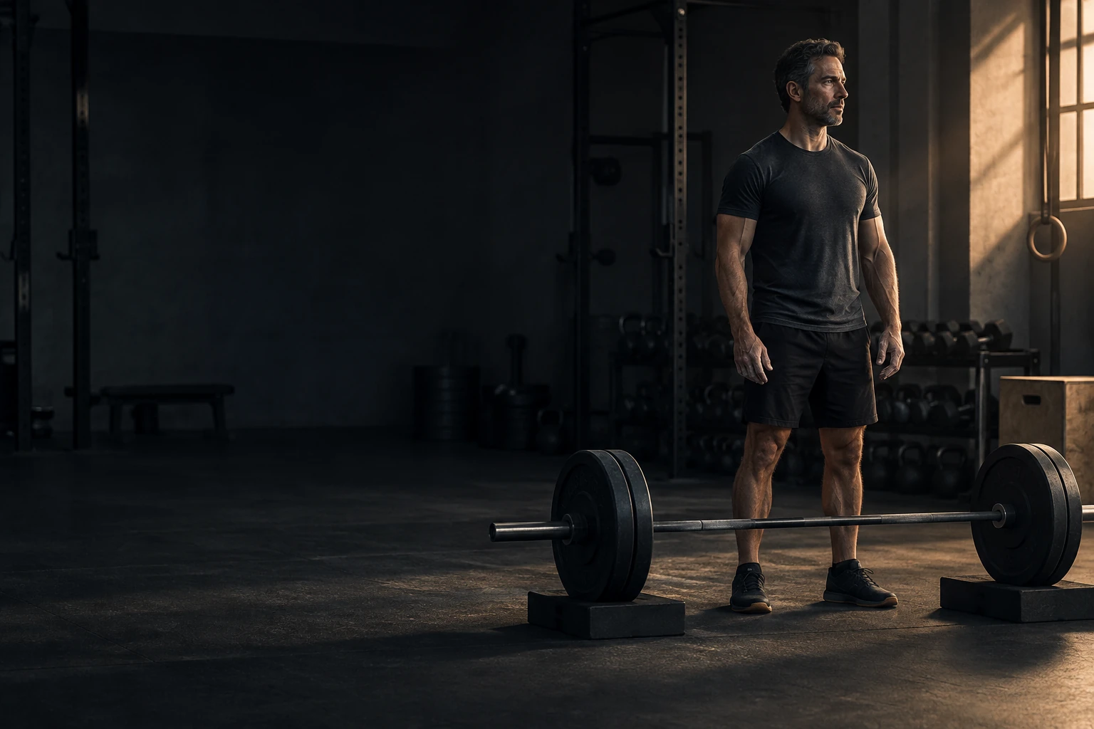 Illustration of a lifter standing beside a barbell