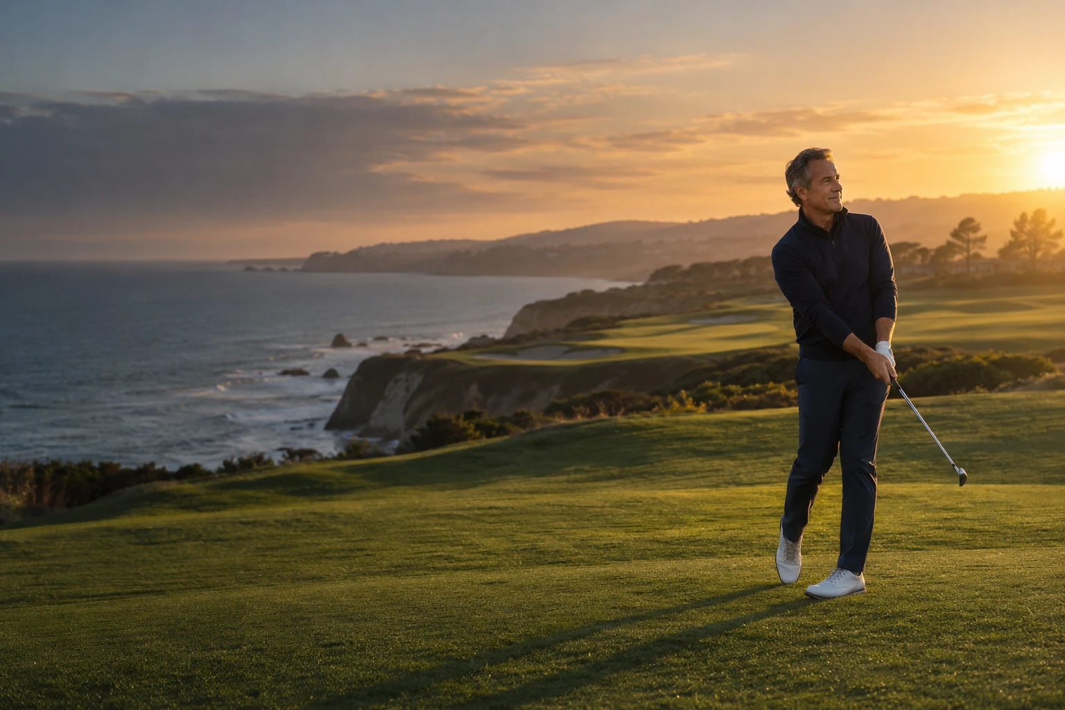 Illustration of a golfer on a coastal course at sunset