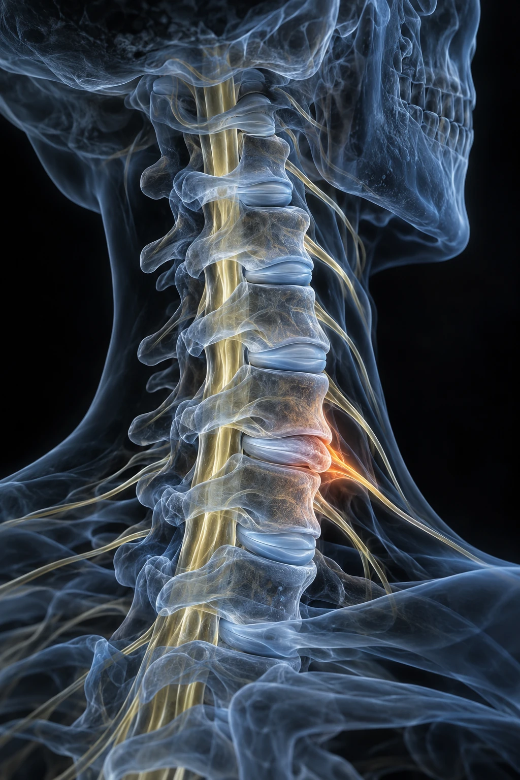 Conceptual illustration of a cervical disc and surrounding neck anatomy