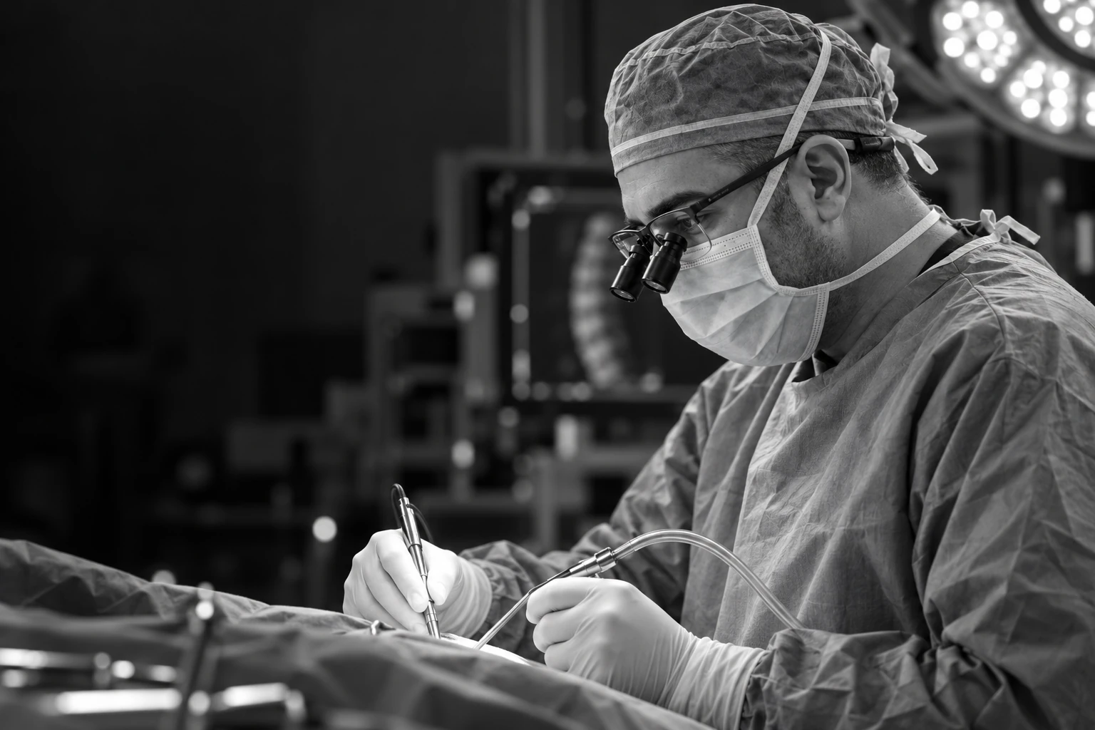 Black-and-white AI-generated illustration of Dr. Jalali operating in profile with surgical loupes
