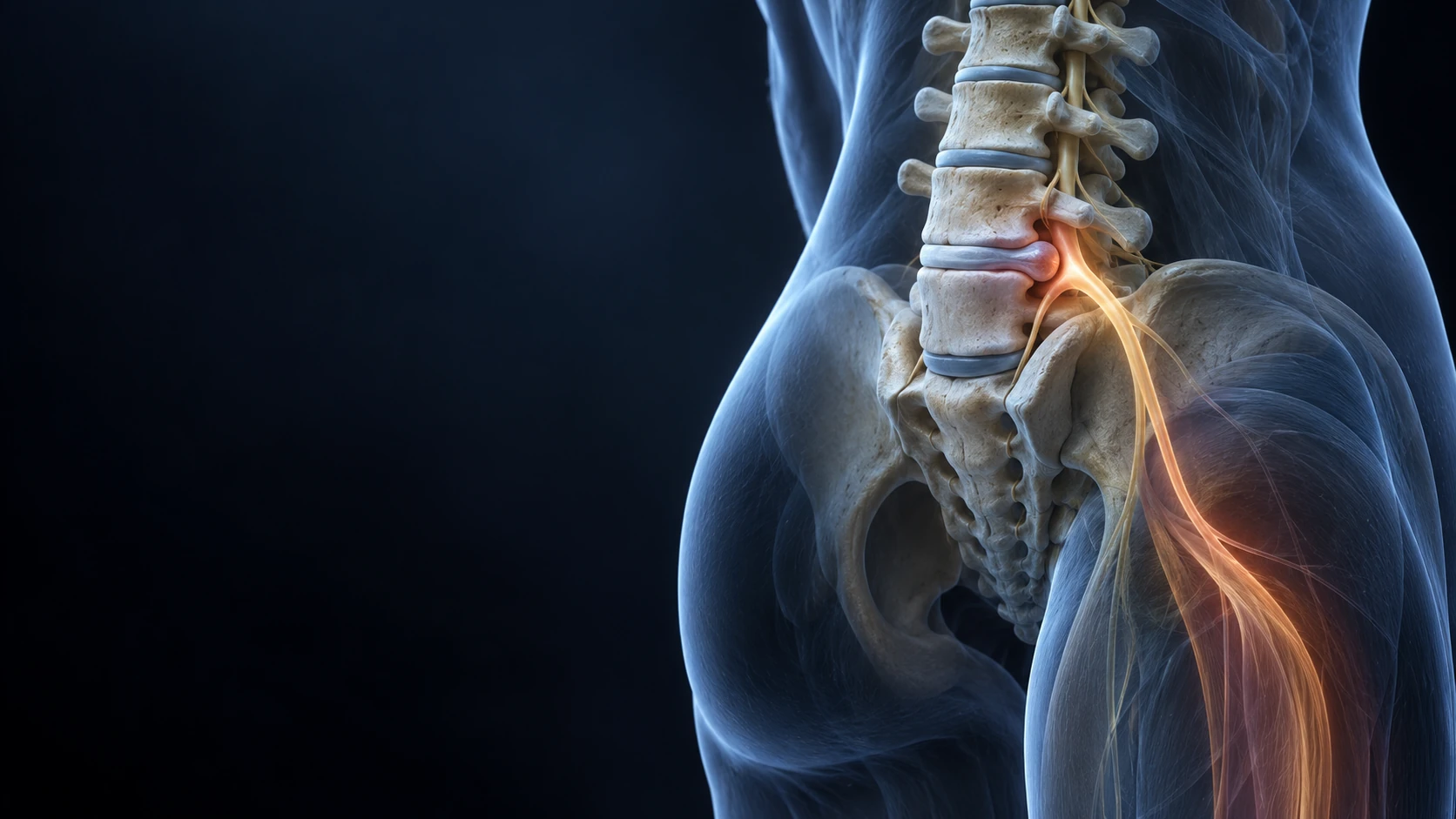 Conceptual illustration of a lumbar disc herniation and nearby nerve