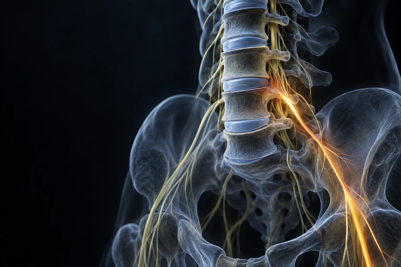 Conceptual illustration of lumbar nerve roots and surrounding spine